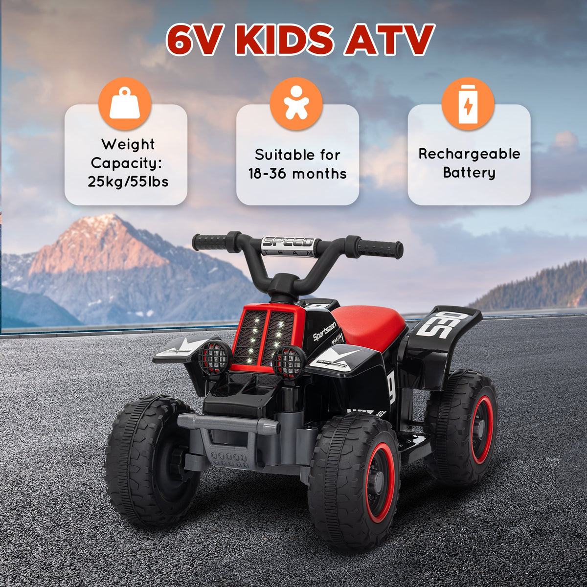 6V Kids ATV Quad, 4 Wheeler Battery Powered Electric Ride on Car w/ Lights, Forward Backward, Black