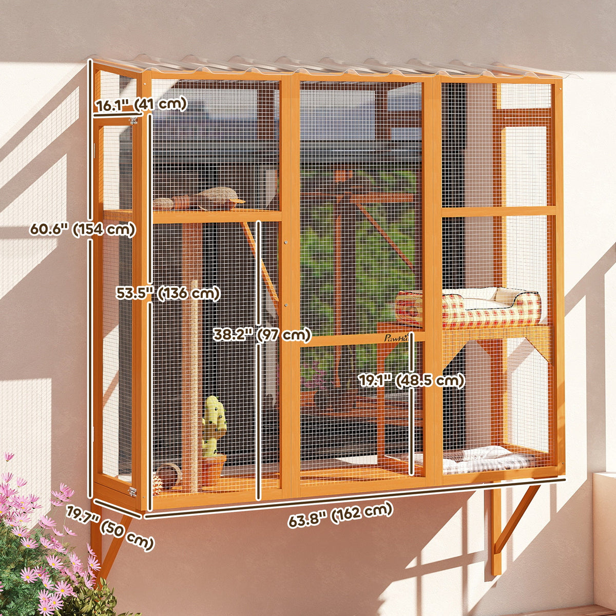 Wooden Catio Outdoor, Cat Window Box Enclosure for 2-3 Large Cats with 2 Jumping Platforms & Scratching Post, Grey