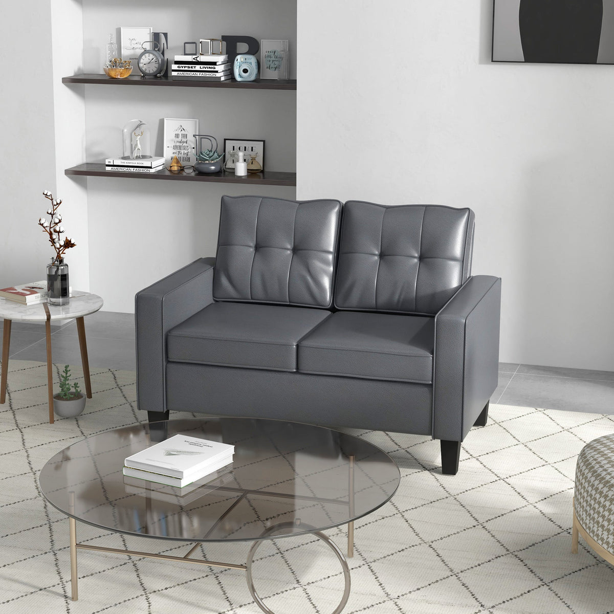 51" Double Sofa Couch, Upholstered PU Leather Loveseat with Armrests, Tufted Backrest, Cushion, Black