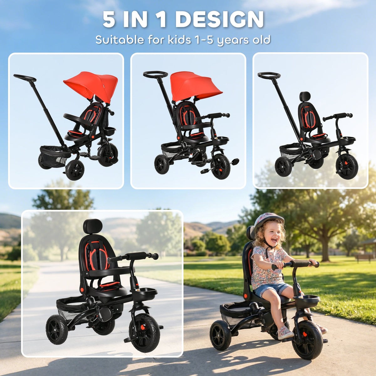 Tricycle for Toddler 5 in 1 Kids Trike, Foldable Converts Stroller to Toddler Bike, Adjustable Backrest & Curved Canopy, Detachable Guardrail & Handle for 1-5 Years Old, Black