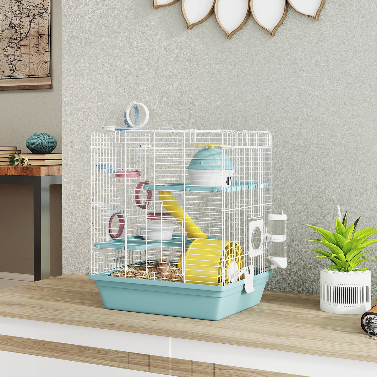 3-Level Hamster Cage with Exercise Wheel, Play Tube, Water Bottle, Food Dish, Hut, Ladder, Blue