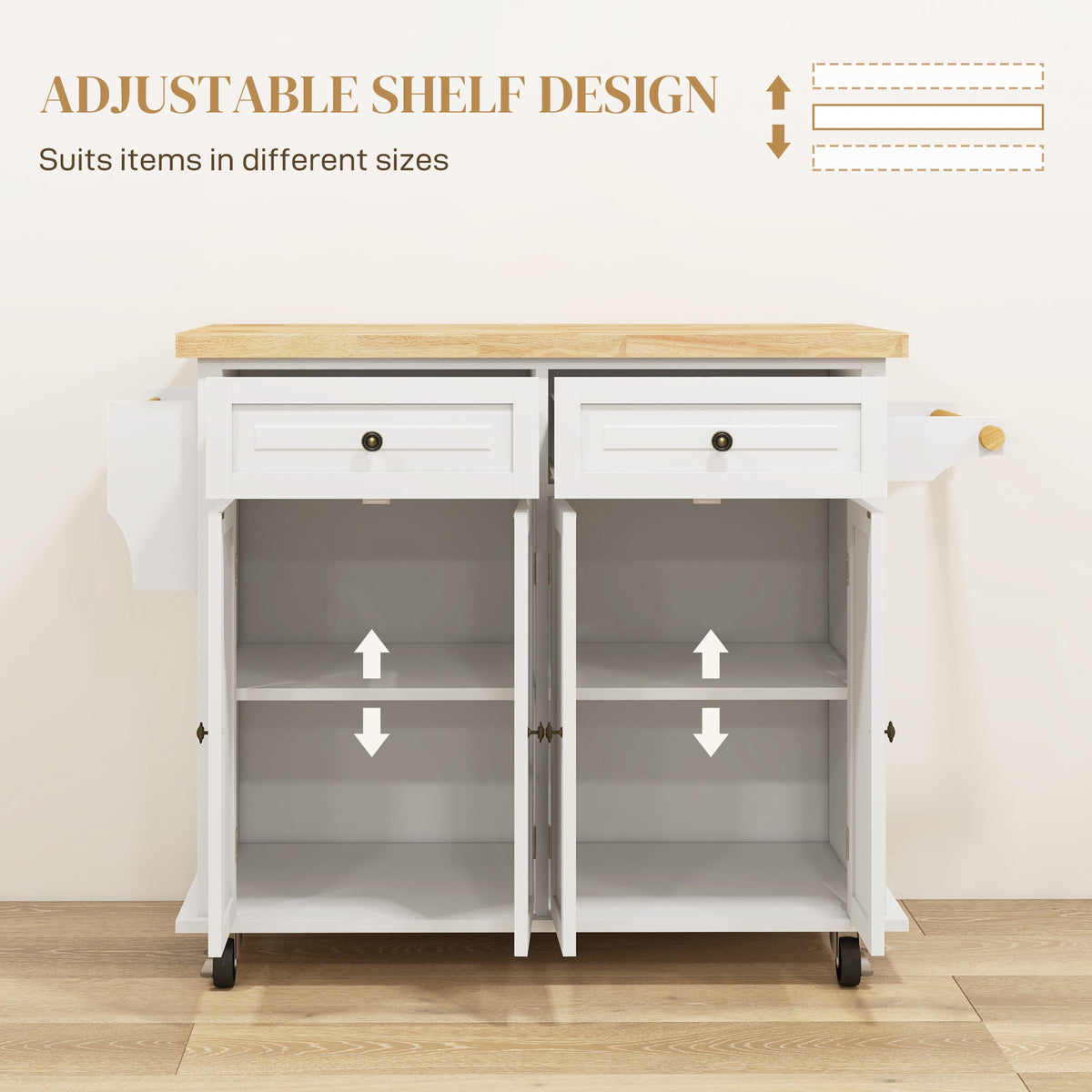 Kitchen Island with Storage, Rolling Trolley Cart with Rubber Wood Top, Spice Rack, Towel Rack, Brown Oak
