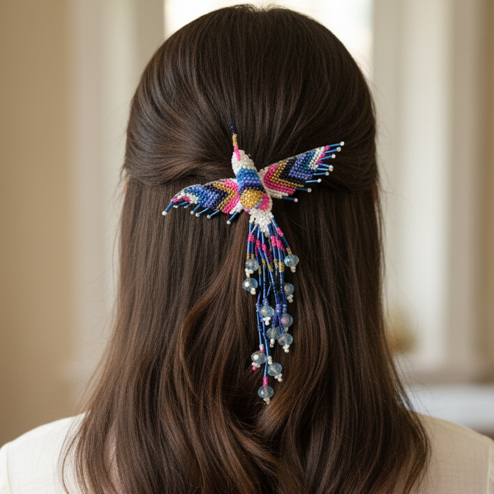 White and Blue Hummingbird Barrette with Fringes