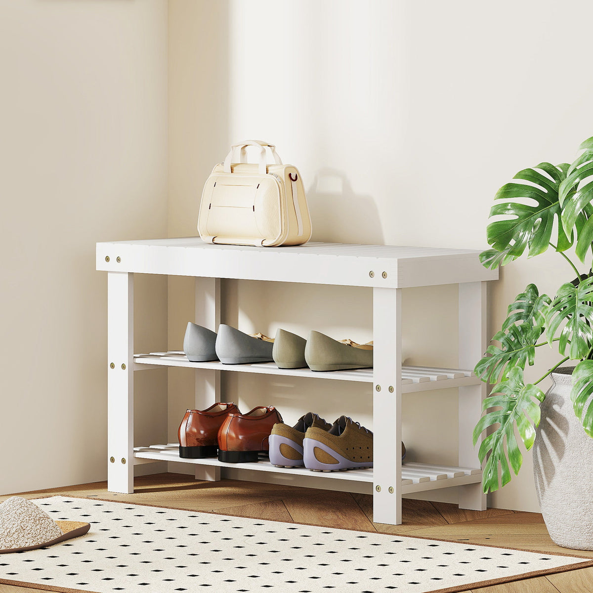 Bamboo Shoe Storage Bench, 3-Tier Entryway Bench with 2 Storage Shelves for Hallway, Holds 6 Pairs, Black