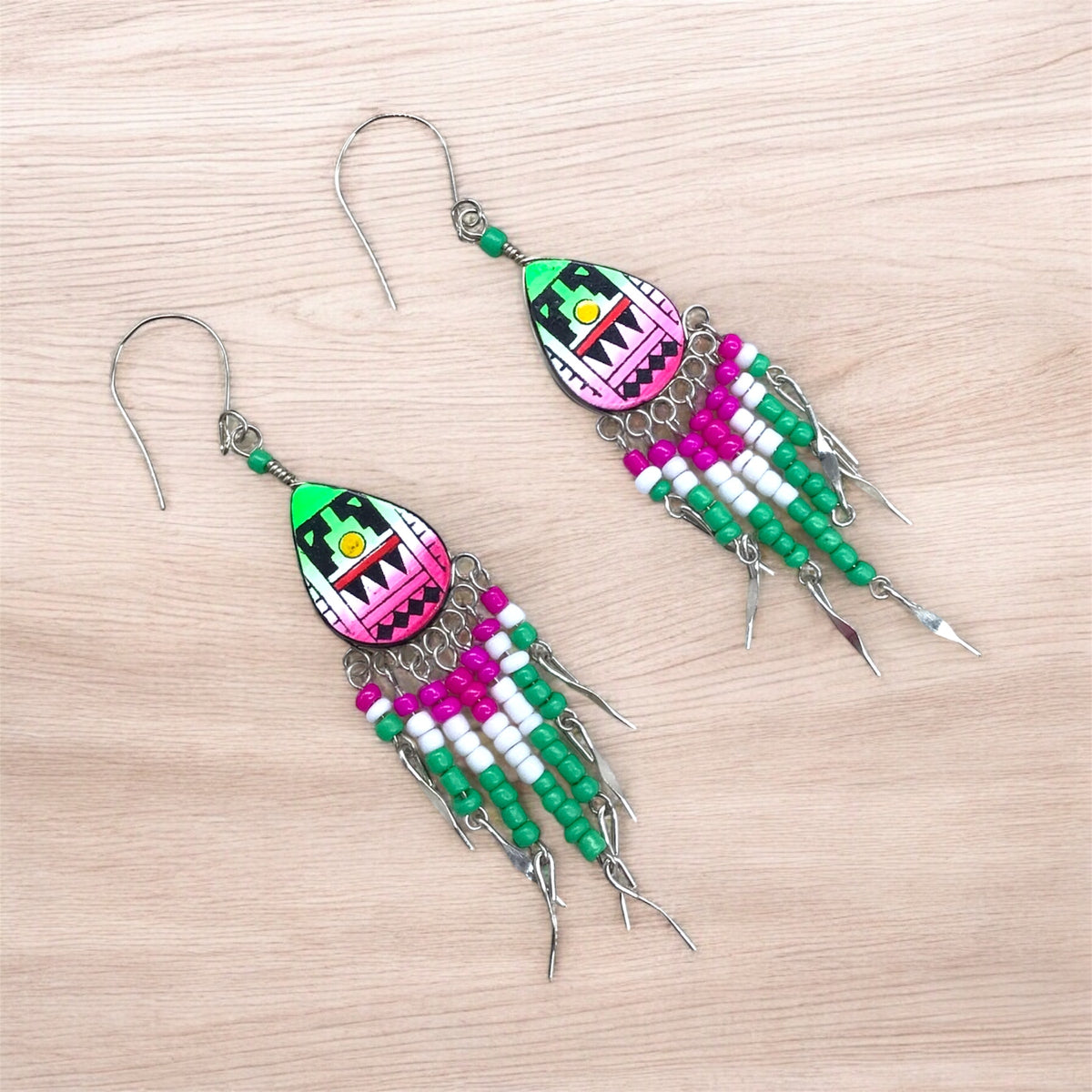 Small Sized Southwestern Pink and Green Teardrop Earrings