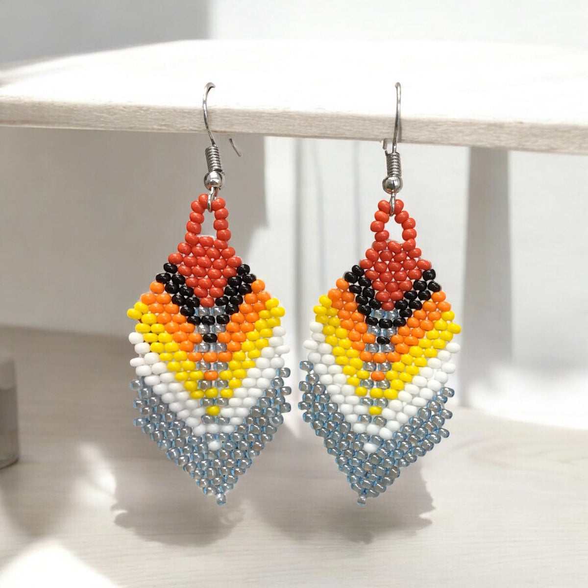 grey Beaded Feather Drop Earrings