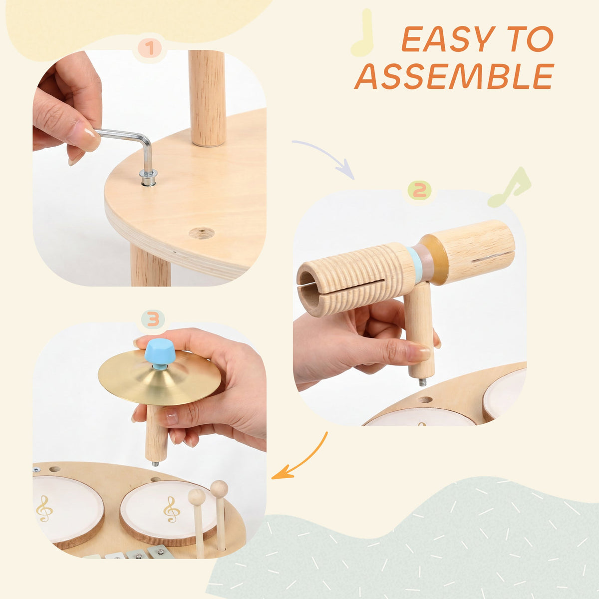 Toddler Drum Set, 4-in-1 Musical Instruments for Kids 2+, Gifts for Girls Boys Birthday, Natural Wood