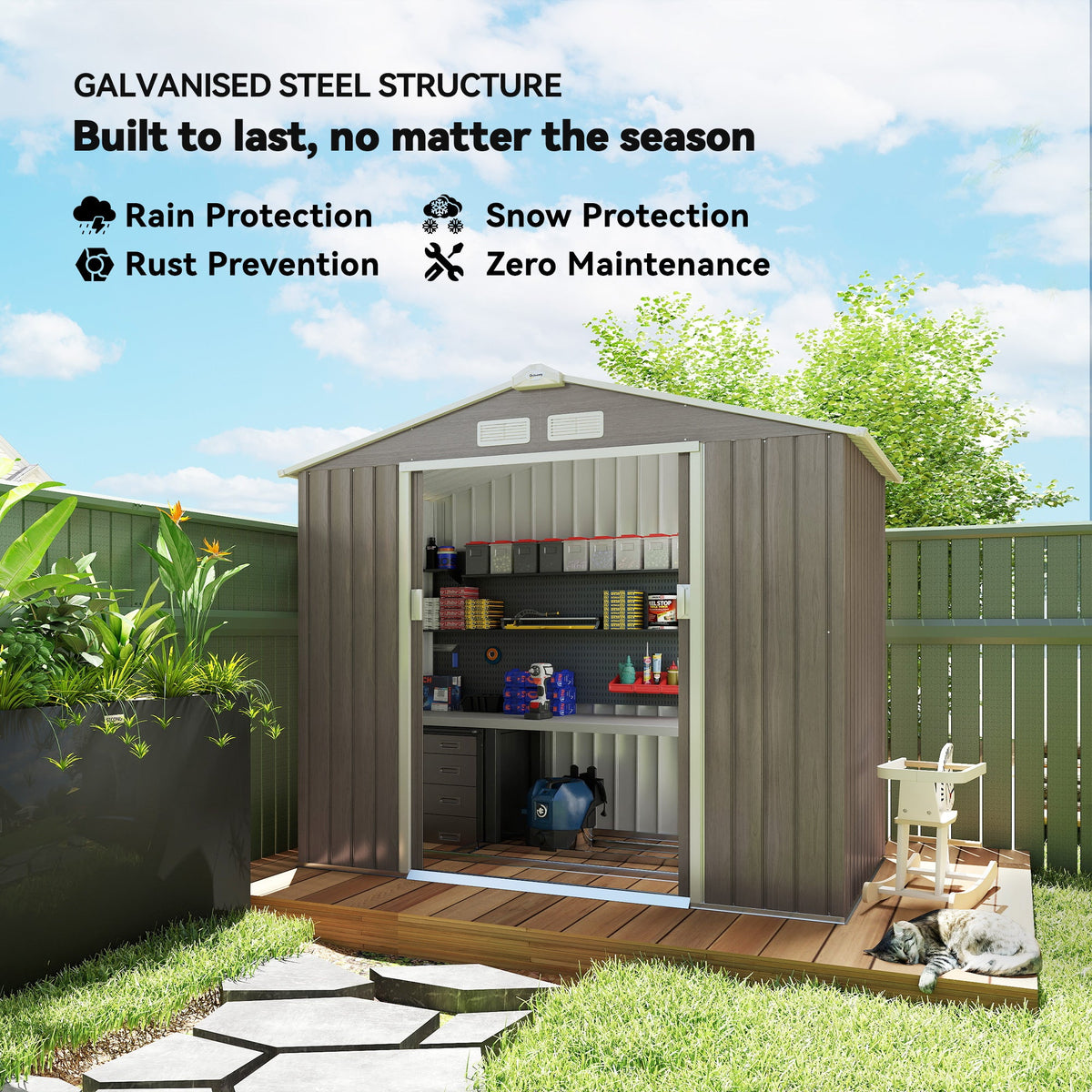 7' x 4' x 6' Garden Storage Shed Outdoor Patio Metal Tool Storage House w/ Foundation Kit and Double Doors Light Brown
