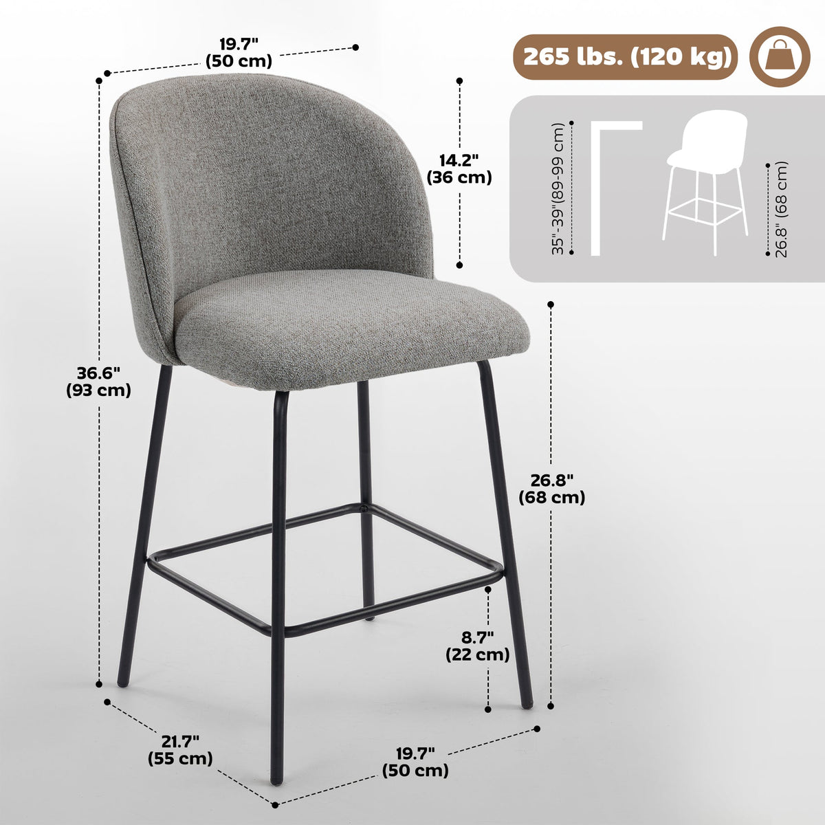 Set of 2 Counter Height Barstools, Upholstered Linen Bar Stools with Backrest, Footrest and Steel Legs, Dark Grey