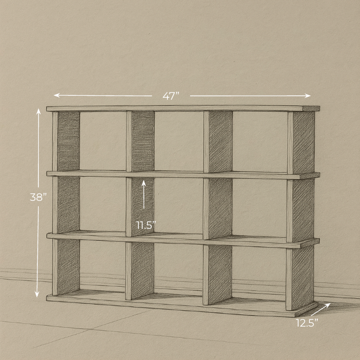 Nine cube bookshelf in red oak