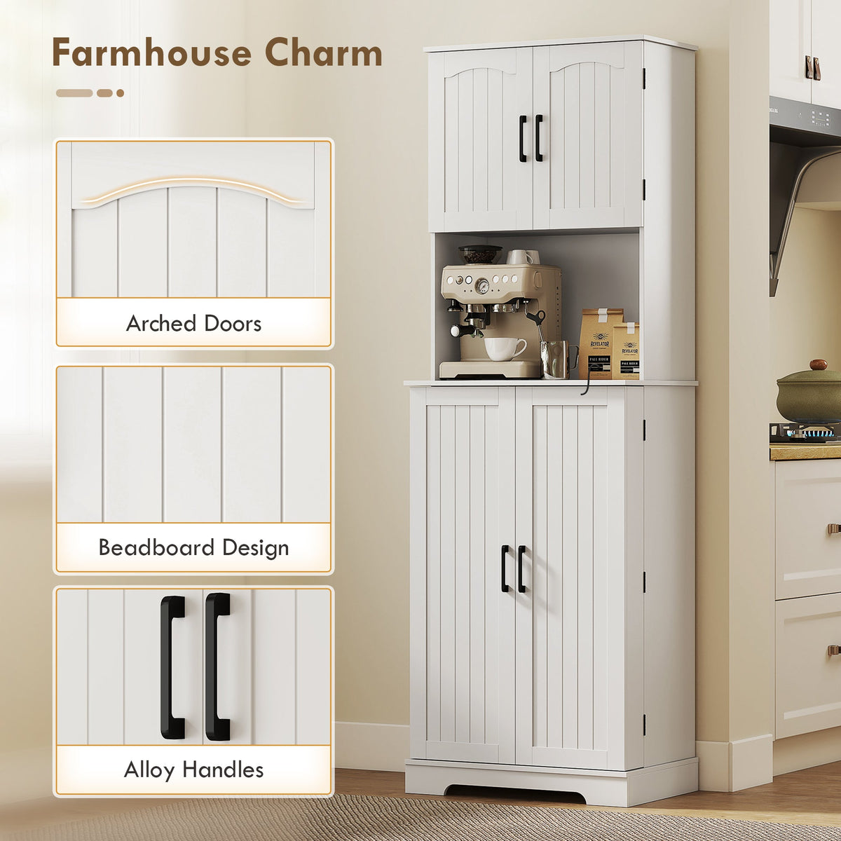 71.5" Tall Pantry Cabinet, Farmhouse Kitchen Storage Cabinet with Adjustable Shelves, 8 Door Spice Racks, Black