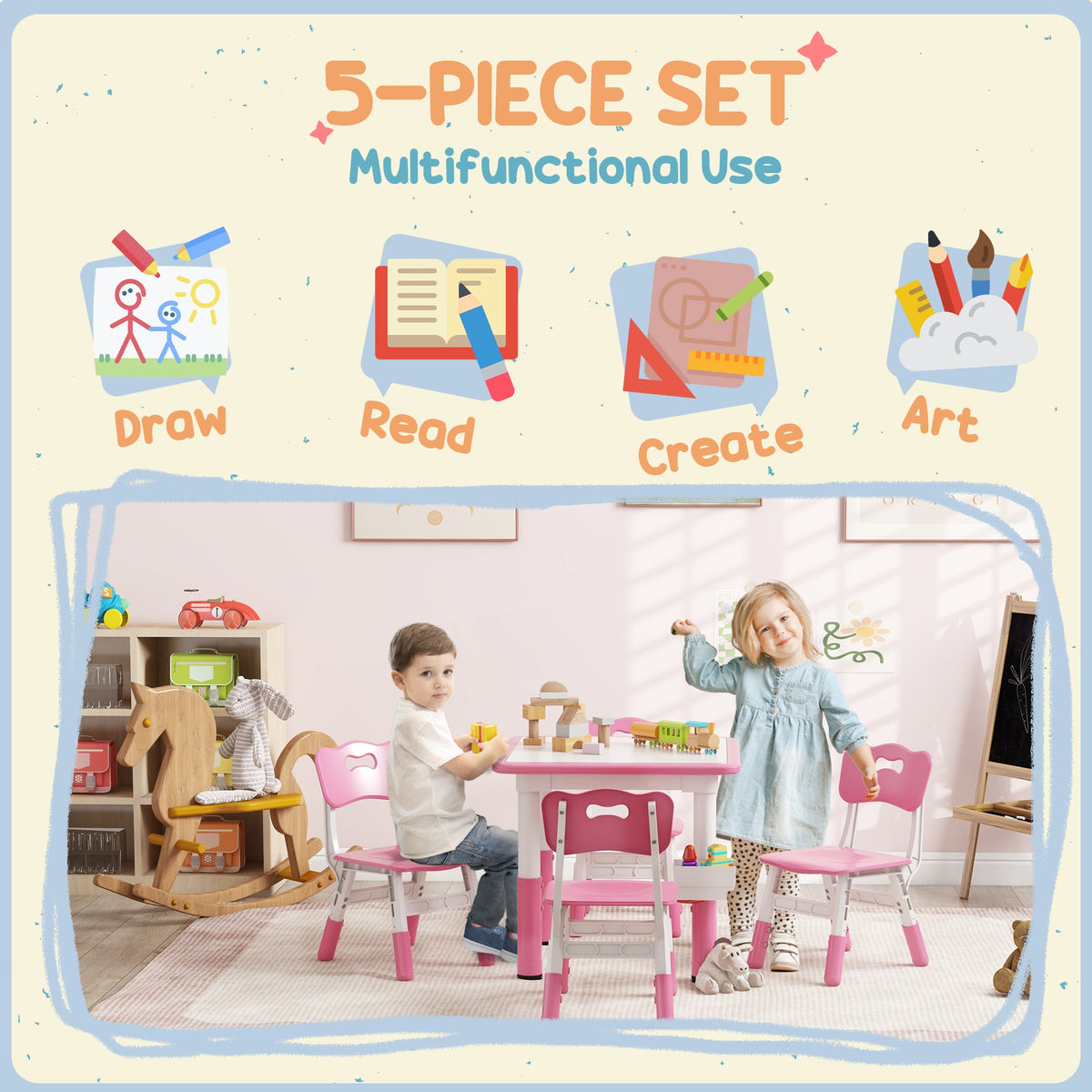 5 Pieces Toddler Table and Chair Set, Height Adjustable Activity Table and Chair Set for Nursery Classroom, Grey