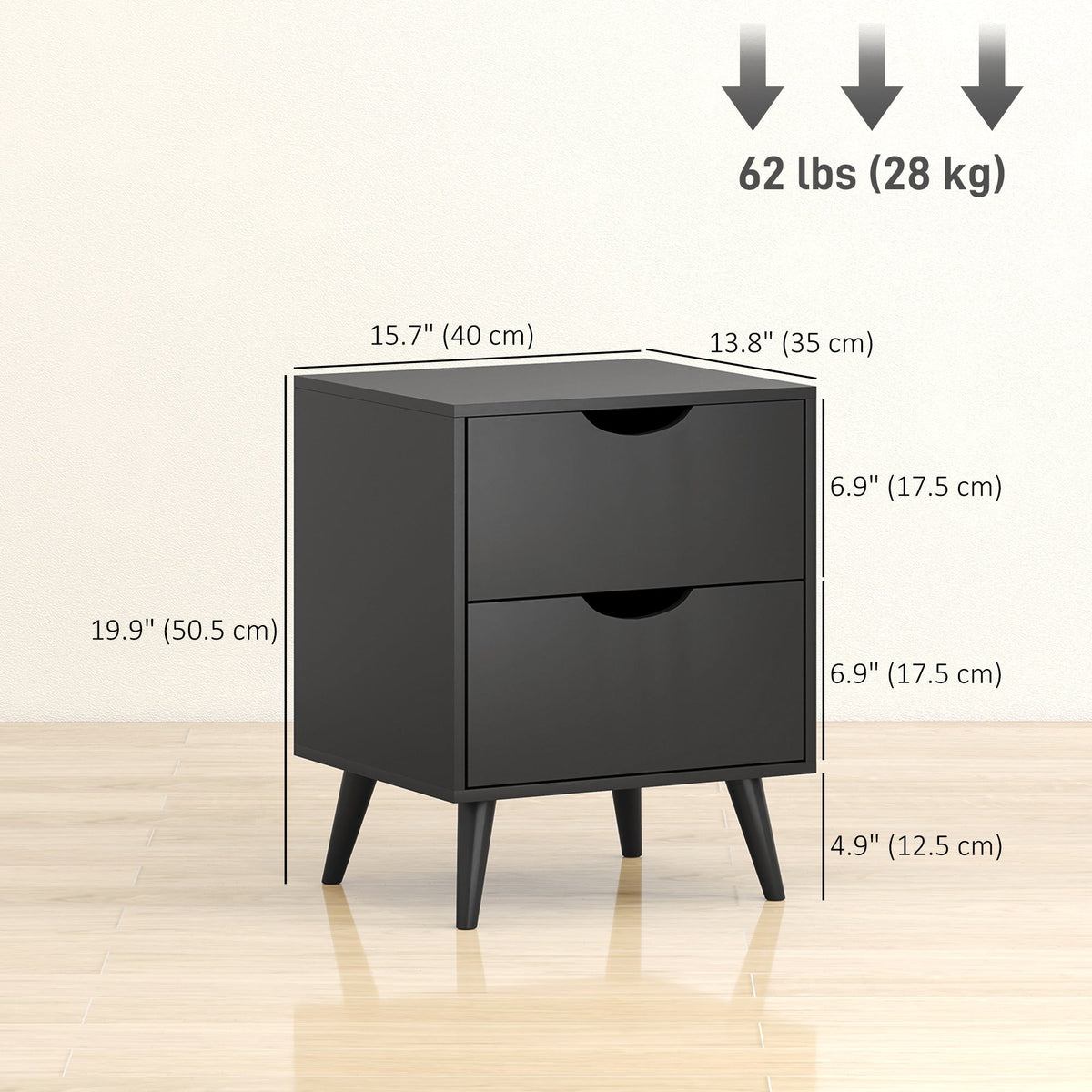 Modern Bedside Table, Nightstand with 2 Drawers and Pine Wood Legs for Bedroom, Living Room, White