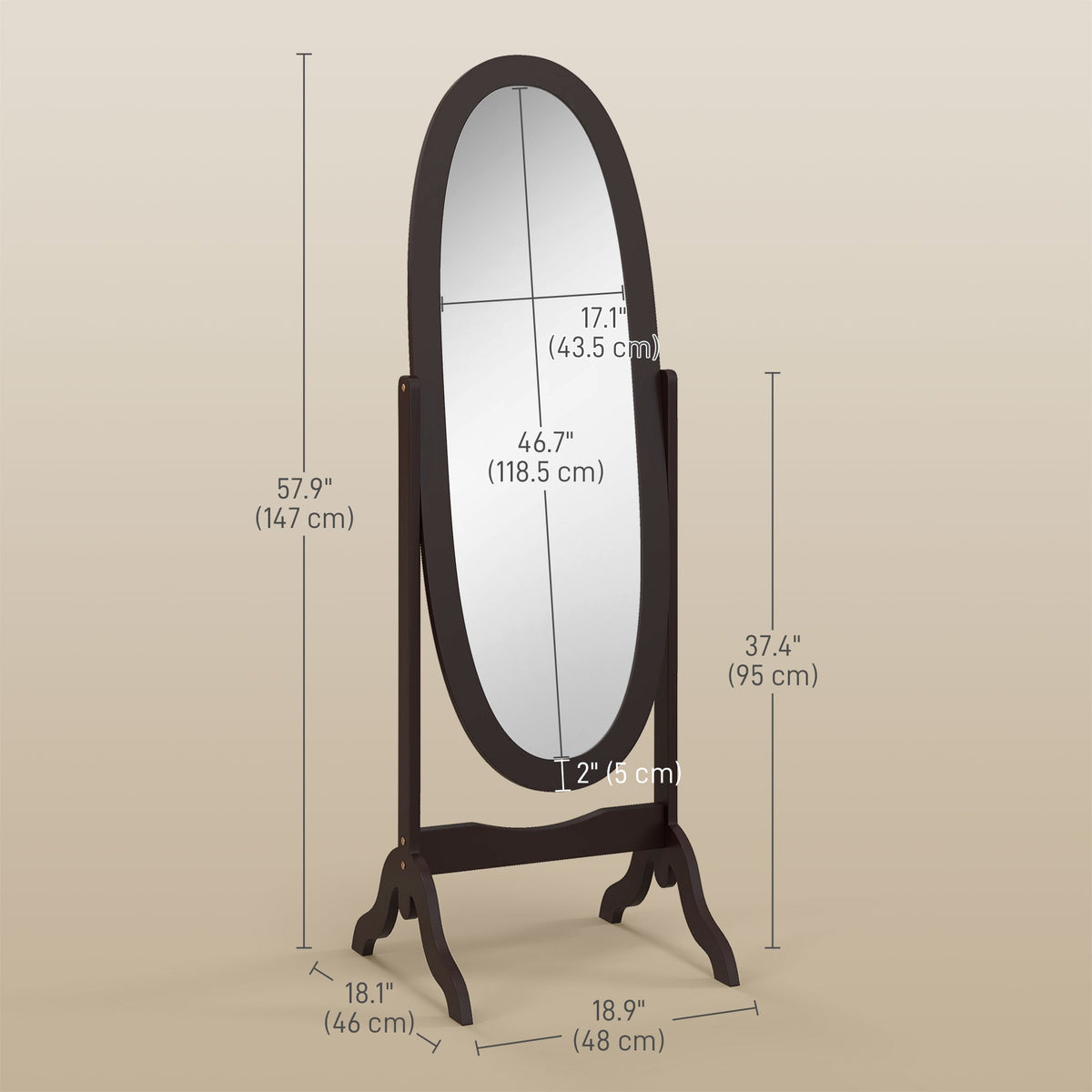Floor Standing Mirror Full Length Mirror with Adjustable Angle Oval Frame for Dressing Room Bedroom Living Room White