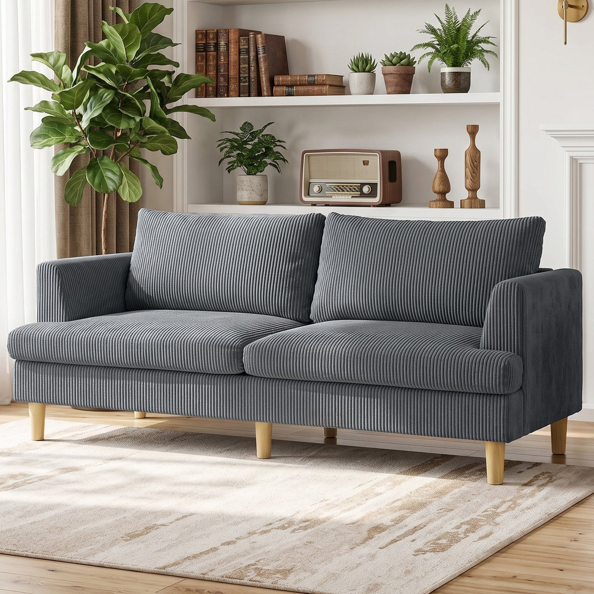 3 Seater Sofa, 74" Modern Corduroy Upholstered Couch with Thick Spring Cushions, Solid Wood Legs, Armrests, Beige