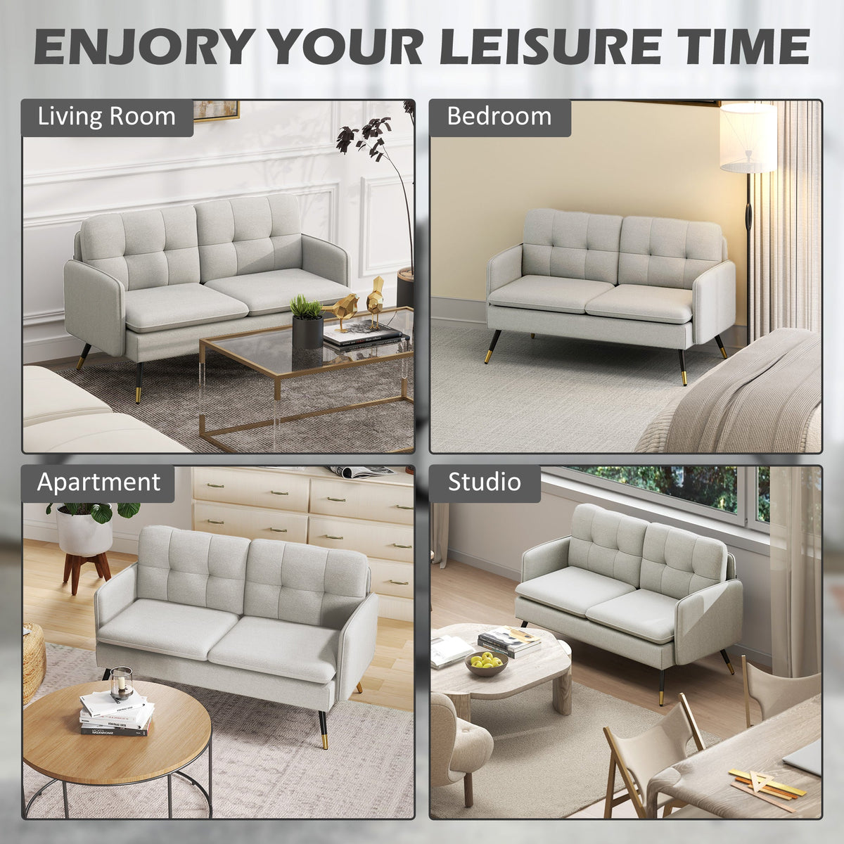 55" Loveseat Sofa, Linen Love Seat w/ S spring, Steel Legs and Button Tufting, Small Couch for Living Room, Dark Grey
