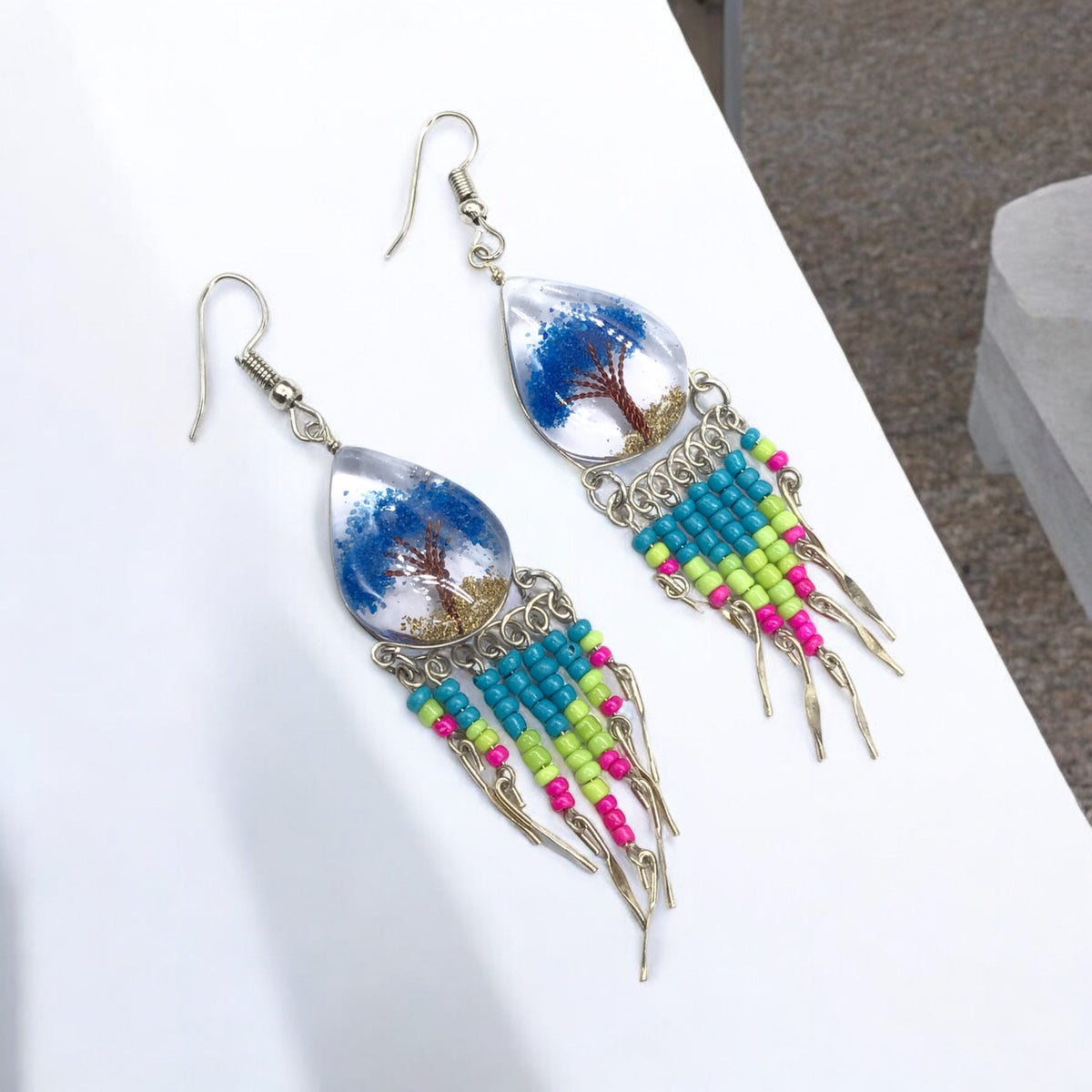 Tree of life Crushed Chip Stone Blue Earrings