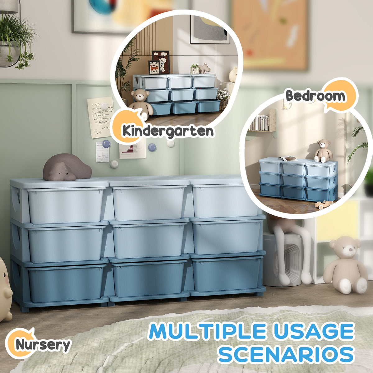 3 Tier Kids Toy Organizer and Storage Bins with 6 Plastic Drawers, Blue