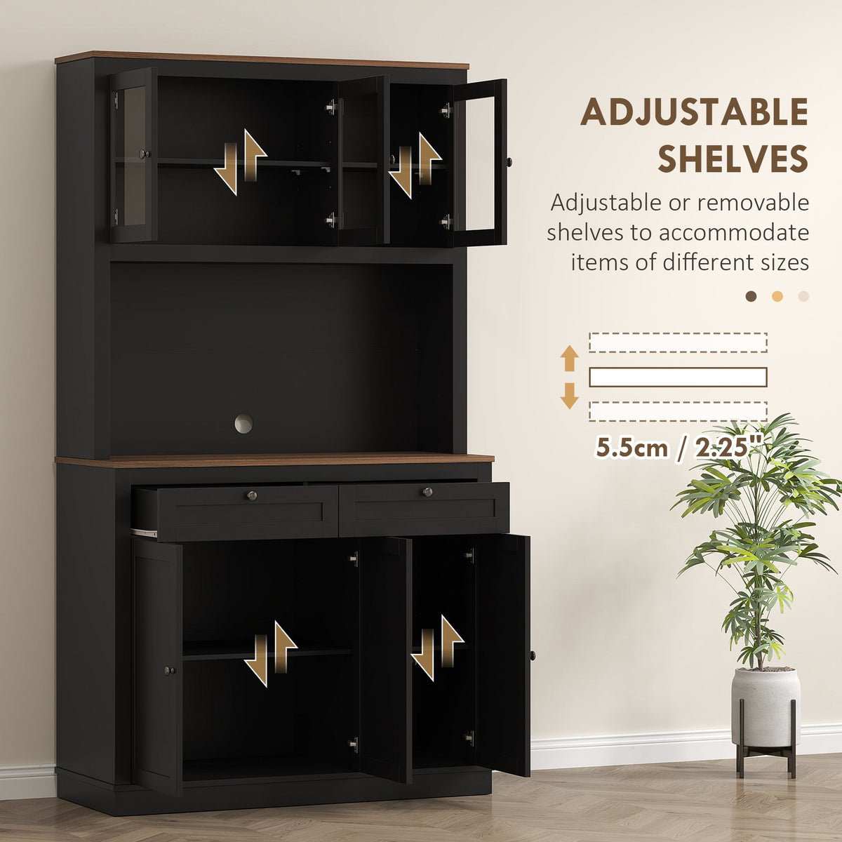 71" Pantry Cabinet with Microwave Space, Buffet with Hutch, 2 Drawers, Adjustable Shelves and Glass Doors, Blue
