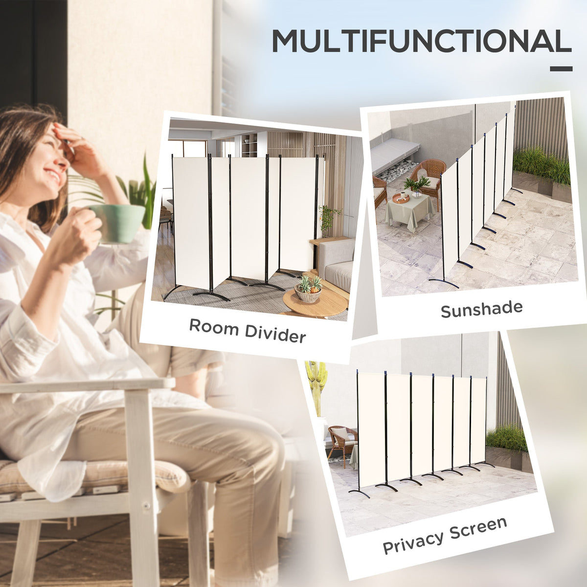 6 Panel Folding Room Divider, UV30+ Privacy Screen, Indoor Outdoor Privacy Panel with Stable Base, Beige