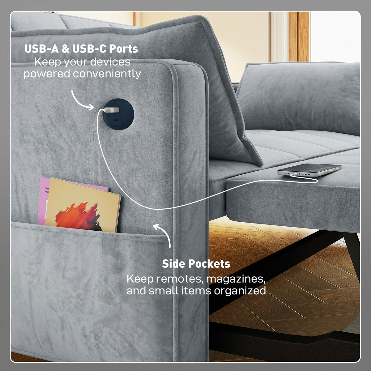 3‑in‑1 Convertible Sofa Bed, Pull Out Sleeper Sofa with USB Charging, Adjustable Backrest, Side Pockets, Beige