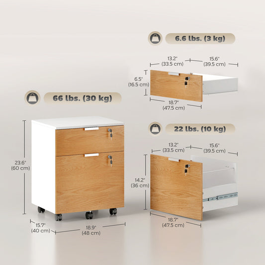 2 Drawer Small Filing Cabinet Lockable Office Storage Cabinet with Hanging Bars for A4 Legal Letter White Nature Wood