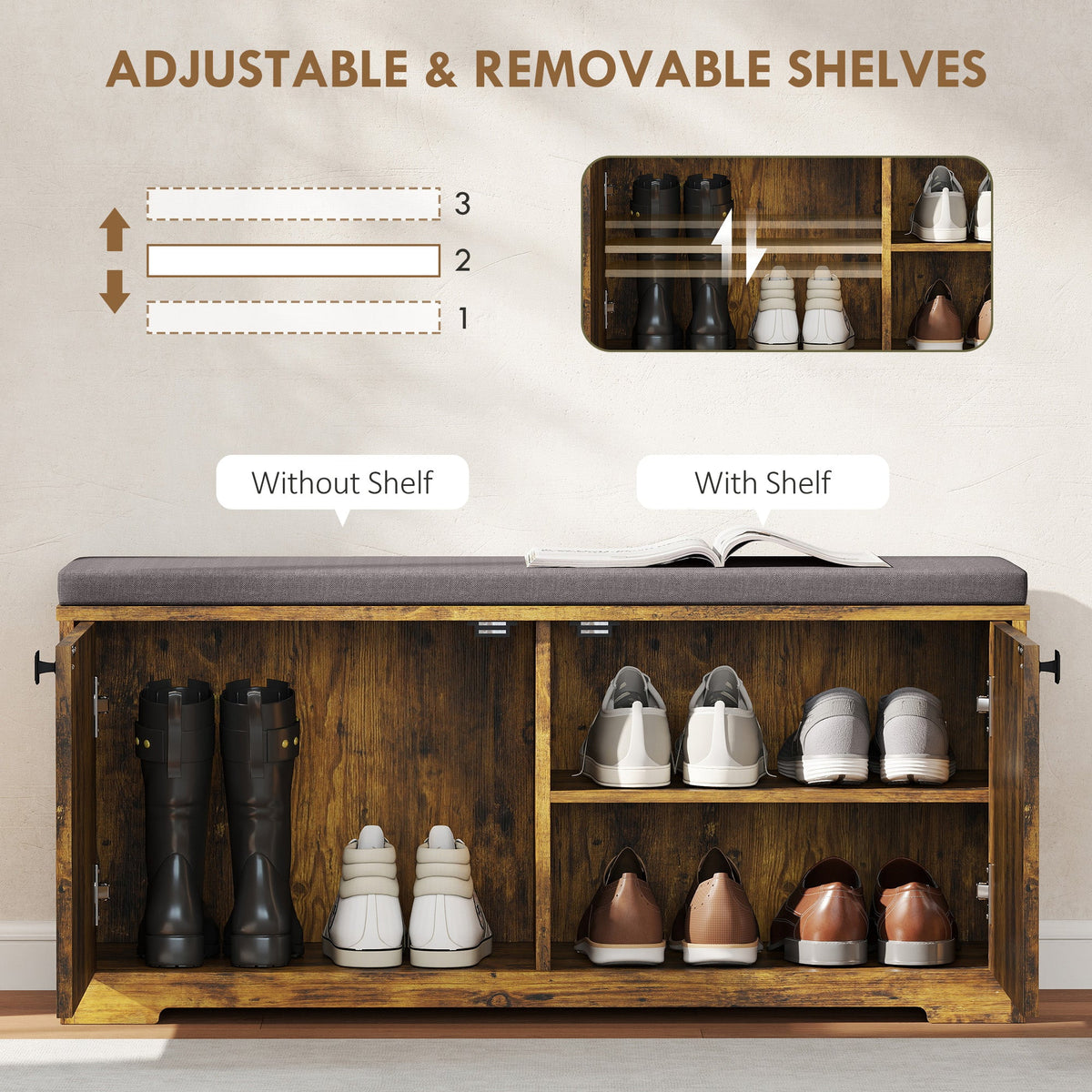 Shoe Storage Bench with Padded Seat, Entryway Bench Holds up to 352 lb, Shoe Organizer, 8 Pairs, Light Grey