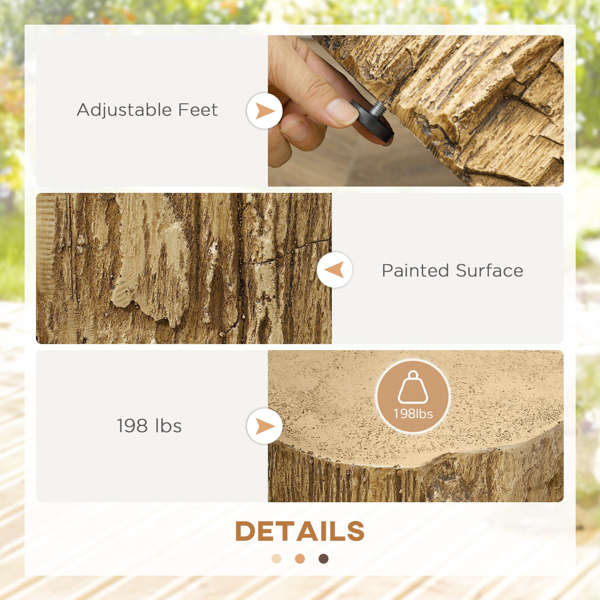 Concrete Finish Side Table, Lightweight Accent Table, 17" Patio Tree Stump End Table with 4 Adjustable Feet for Indoor, Outdoor, Natural Brown
