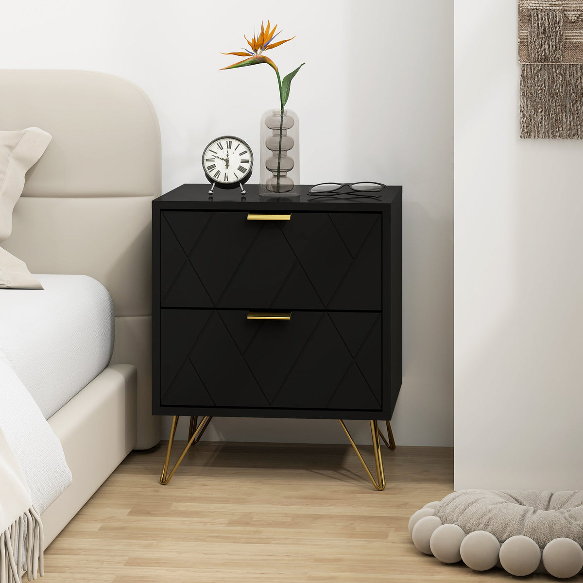 Modern Bedside Table, Accent Nightstand with 2 Drawers, Bed End Table for Bedroom, Black