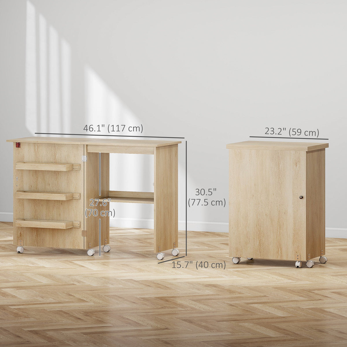 Sewing Machine Cabinet, Folding Sewing Table with Storage Shelf, Bins and Lockable Wheels for Small Space, Brown