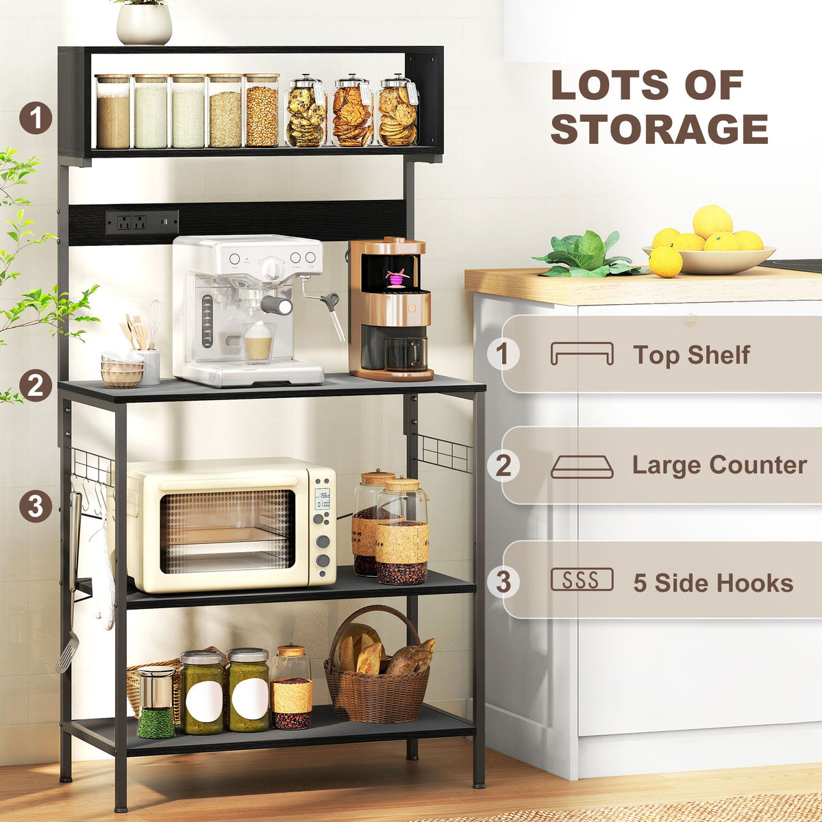 Baker's Rack with Charing Station, Microwave Shelf with Power Outlet, USB Charger and 5 Hooks, Black