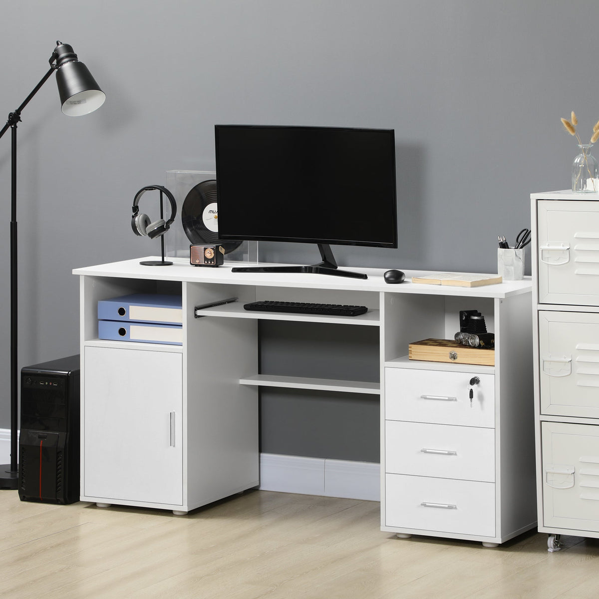 57" Computer Desk with Drawers, Home Office Desk with Keyboard Tray, Open Shelves and Lockable Drawer, Writing Workstation for Study, Black