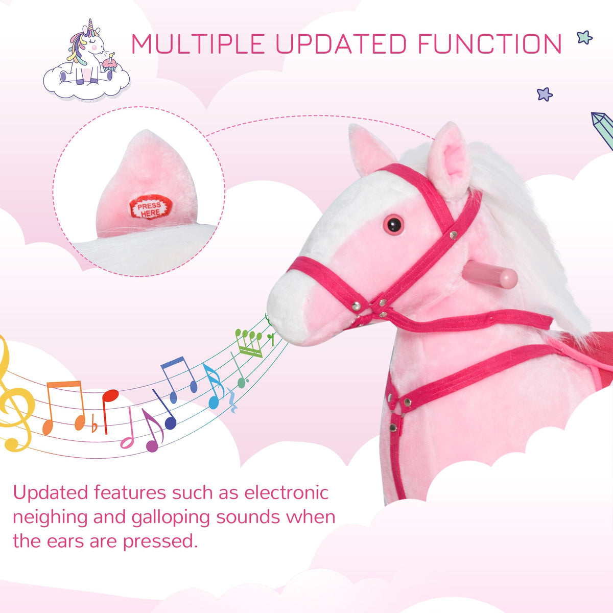 Rocking Horse Plush Pony Children Kid Ride on Toy w/ Realistic Sound (Light Pink)
