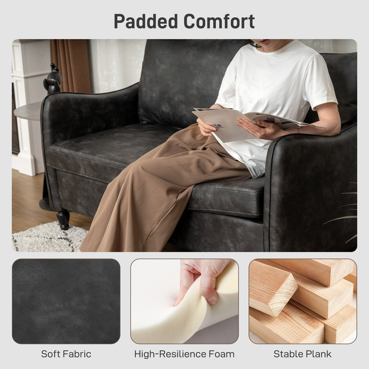 55" Loveseat Sofa, Small 2 Seater Couch with Solid Wood Legs, Modern PU Leather Upholstered Sofa for Small Spaces, Brown
