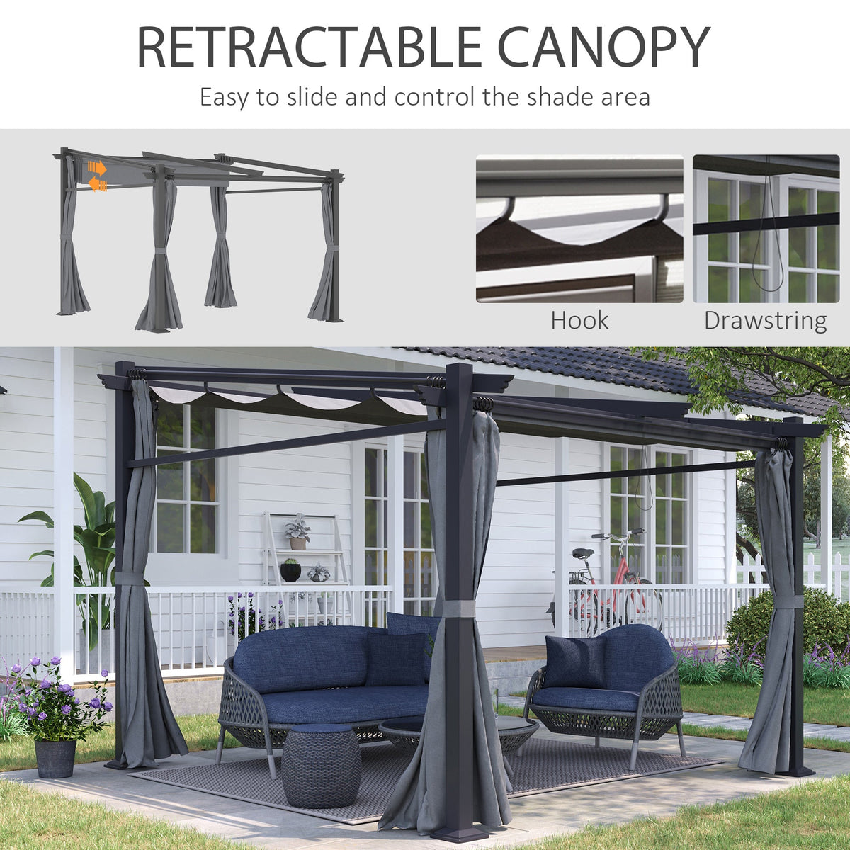 Metal Pergola with Sliding Roof Canopy, Retractable Pergola Canopy, 10' x 10', Beige