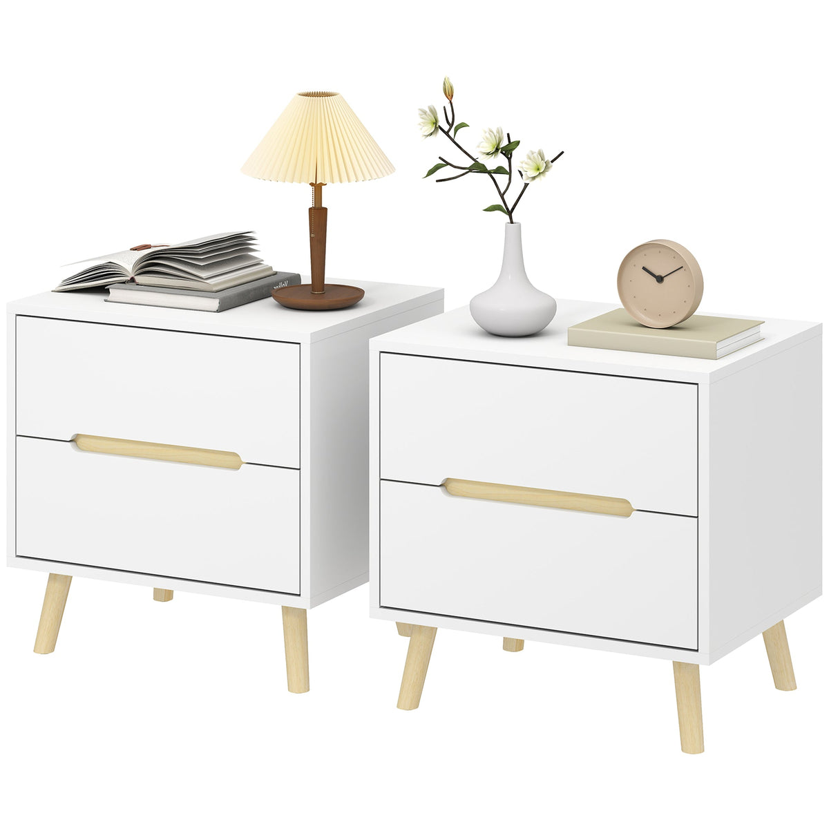 Nightstand, Bedside Table with 2 Drawers, Modern Side End Table with Solid Wood Legs for Bedroom, White