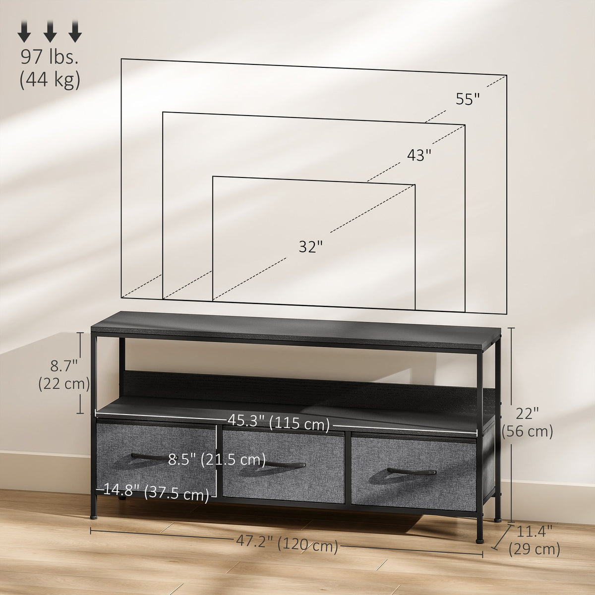 TV Stand with Charging Station, TV Table with 2 Foldable Linen Drawers and Open Shelf for 47 Inch Television, Black