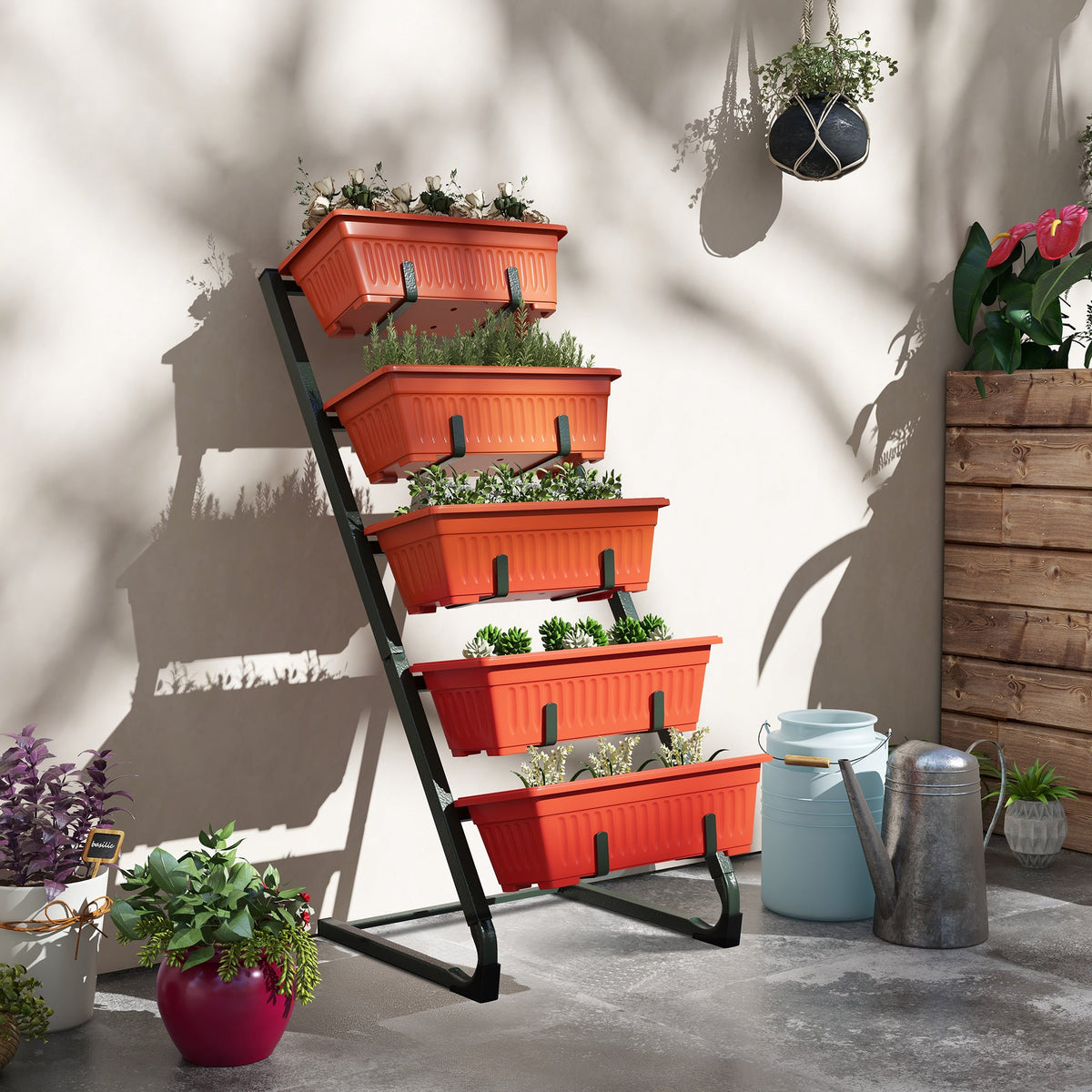 5-Tier Vertical Raised Garden Planter with 5 Boxes, Wheels, Outdoor Plant Stand for Vegetable Flowers, Brown