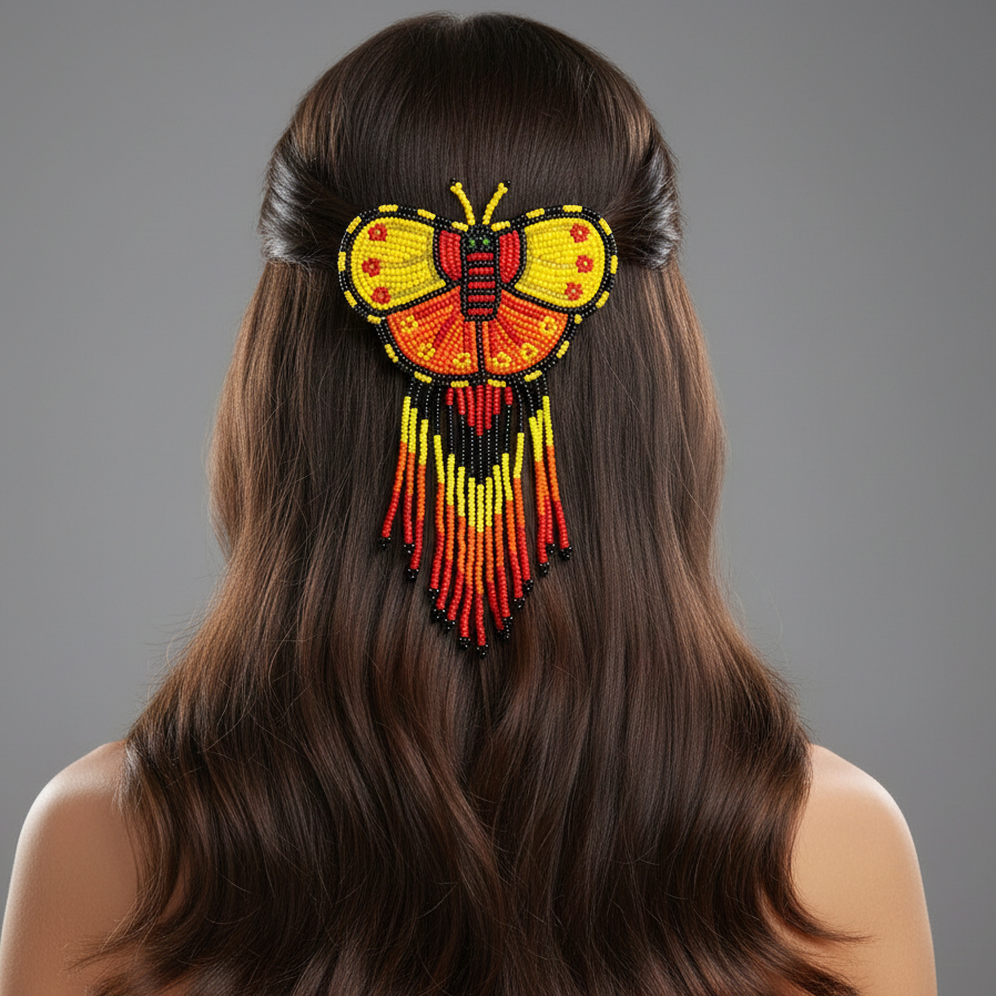 Butterfly Beaded Barrettes with Fringes Yellow & Orange