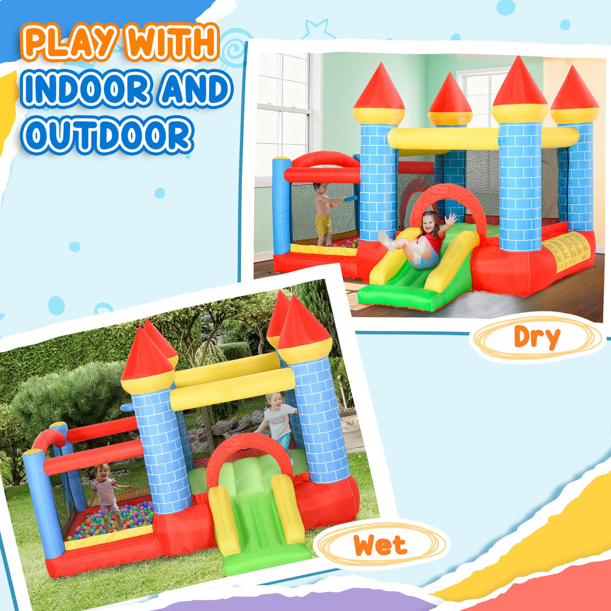 9.2 x 9.5FT Bounce House, 4 in 1 Inflatable Bouncy Castle for Kids With Trampoline, Slide, Water Pool, Basket, Blower