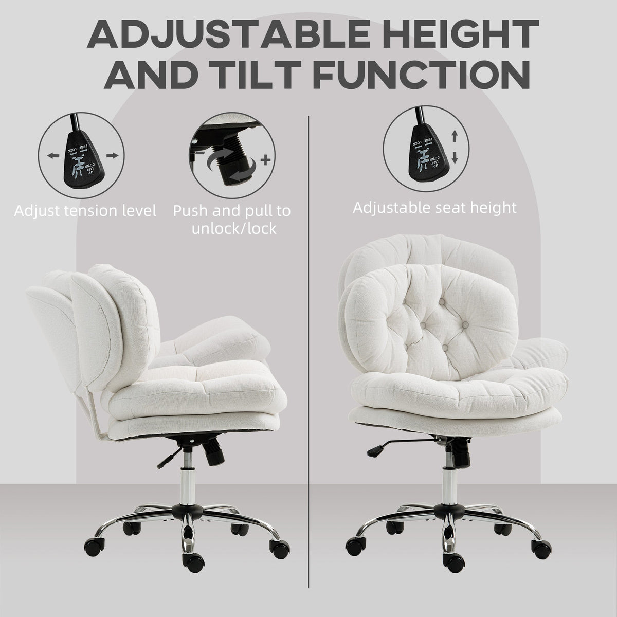 Computer Desk Chair, Armless Office Chair with Wide Padded Seat and Adjustable Height, Cream White