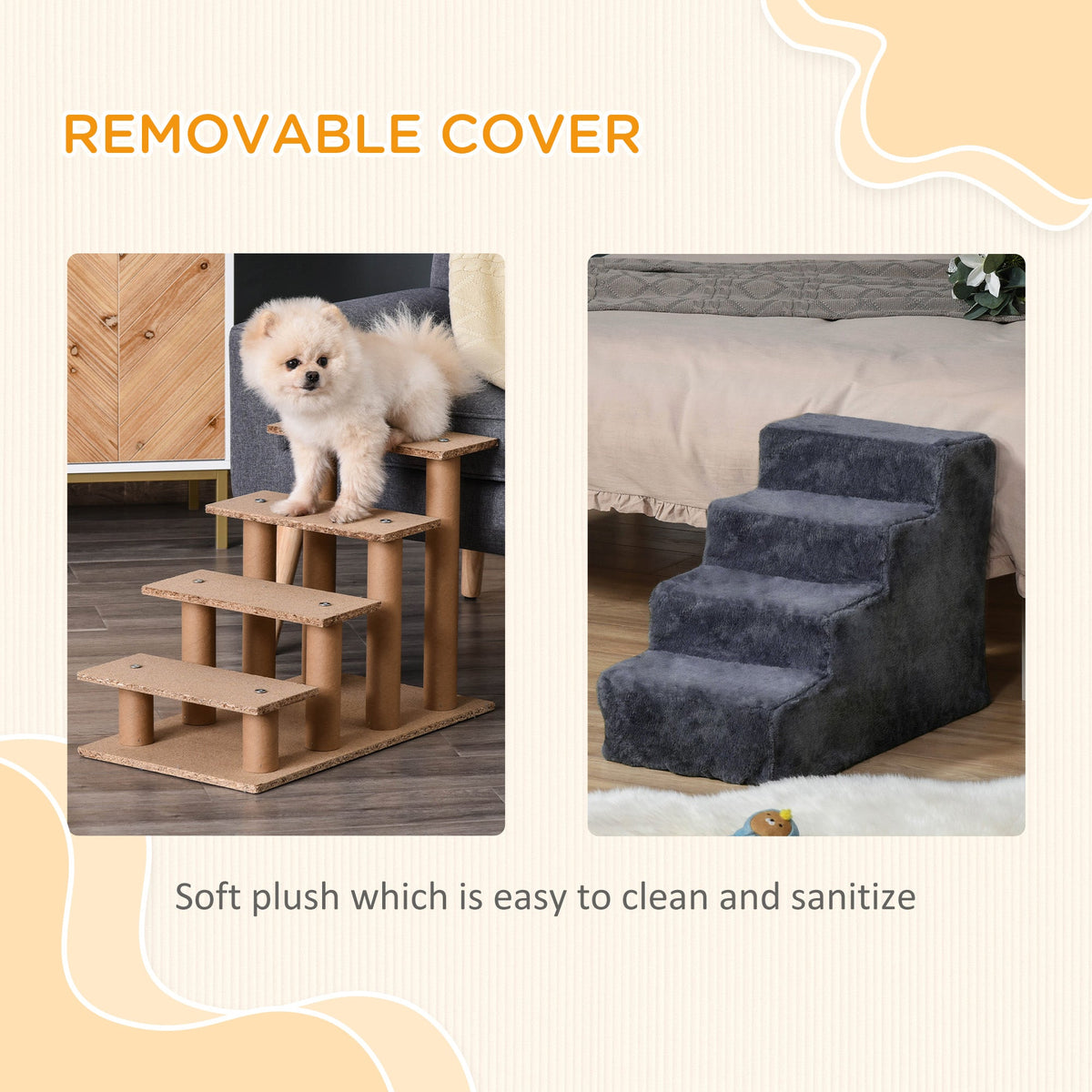 4-Step Dog Ramp for Sofa, Bed, and Couch, with Removable Cover, Light Grey