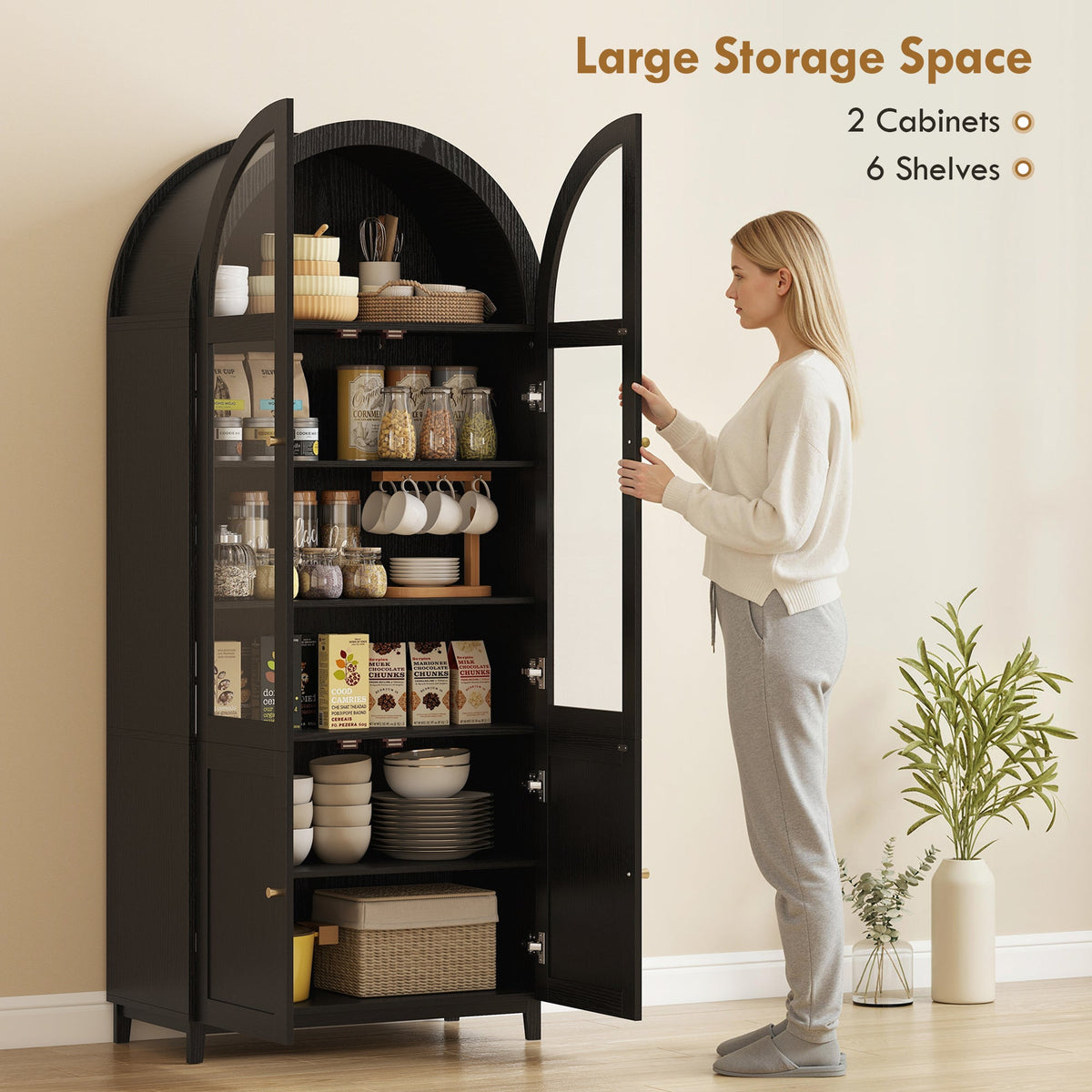 Arched Kitchen Pantry Cabinet, 71" Tall Farmhouse Kitchen Storage Cabinet with Acrylic Glass Doors, Oak