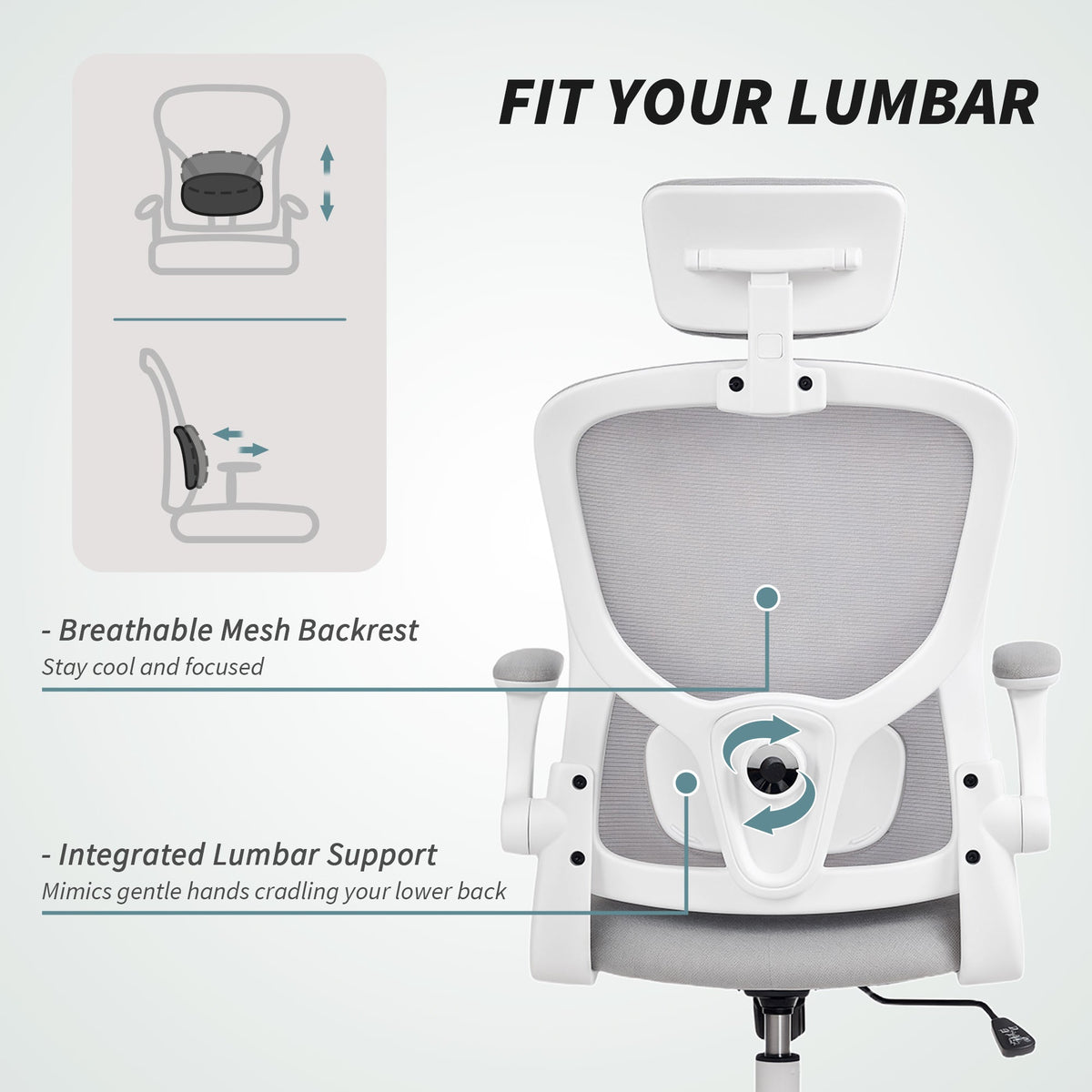 Ergonomic Office Chair, Mesh Desk Chair with Adjustable Headrest, Lumbar Support and Height, Flip-Up Armrests, Black