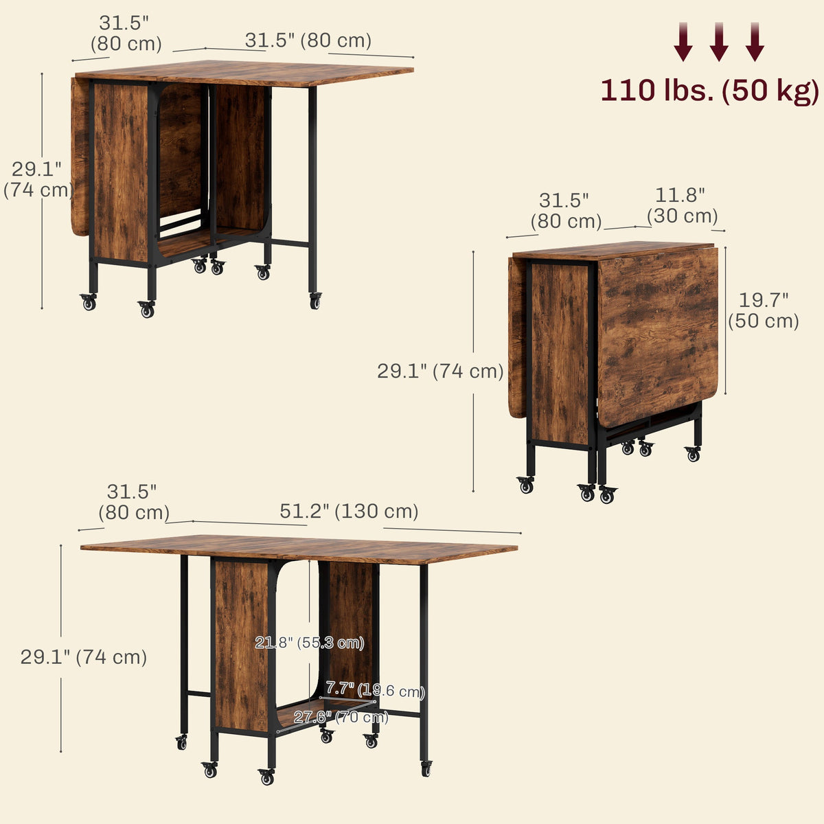 Folding Dining Table, Extendable Kitchen Table for Small Spaces with Storage Shelf and 6 Wheels, Distressed Grey