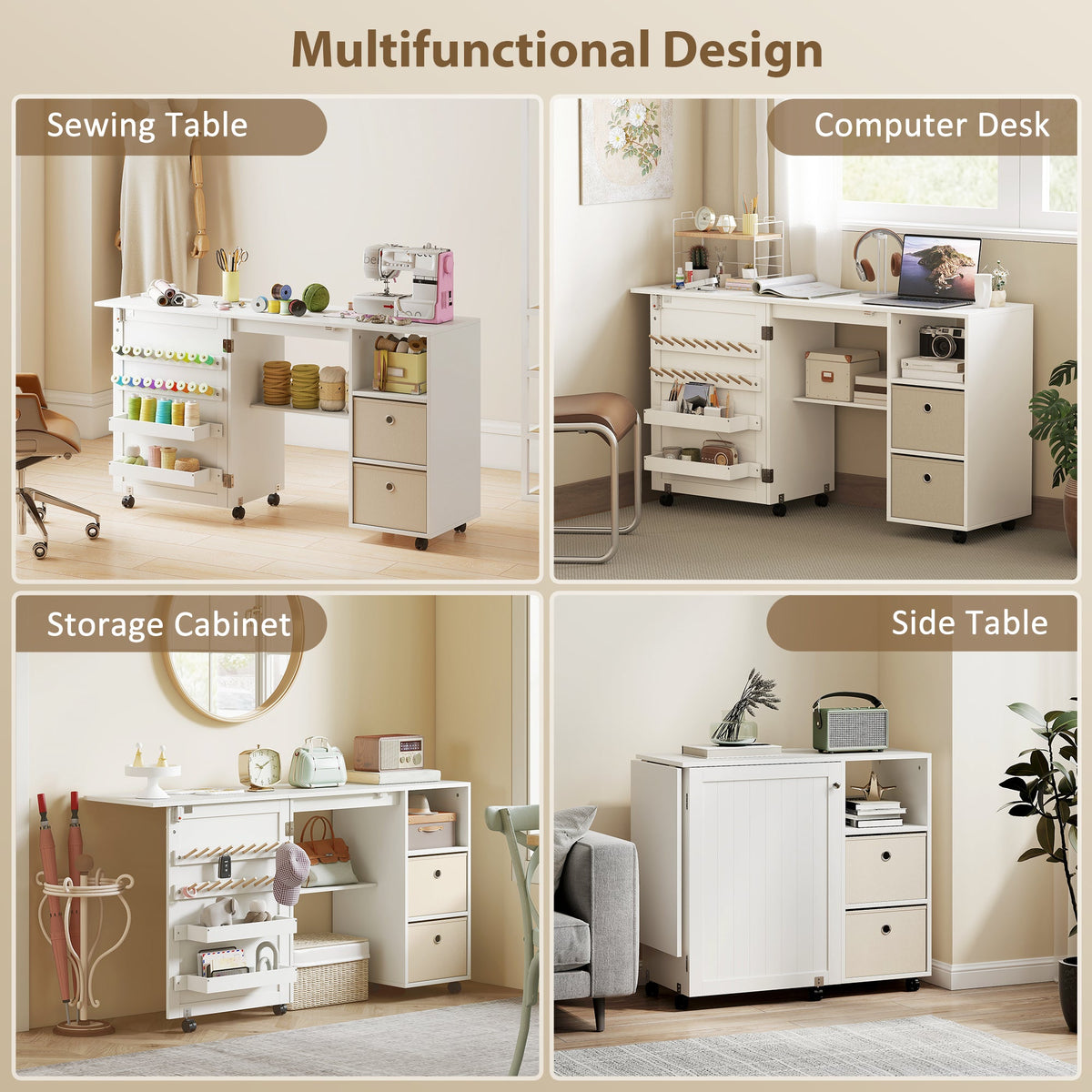 Rolling Sewing Machine Table with Power Outlet, Folding Craft Table with 2 Fabric Drawers, 2 Bins and 18 Pegs, Black