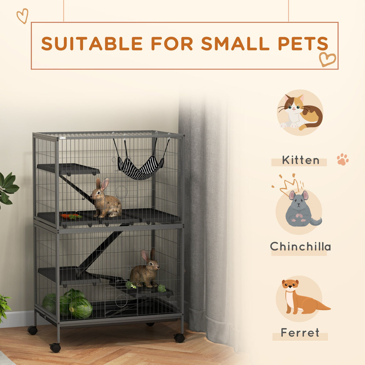 5-Tier Rolling Small Animal Cage, Deluxe Guinea Pig Cage, Ferret Cage for Mink Chinchilla Kitten Rabbit, Grey