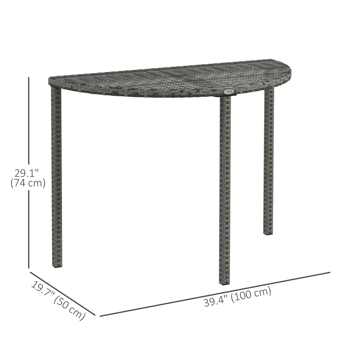 Half Round Side Table, PE Rattan Coffee Table with Metal Frame for Patio, Garden, Balcony, Black