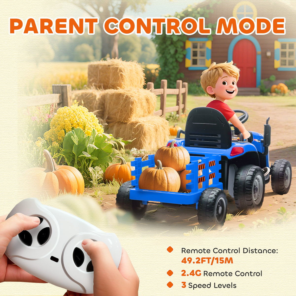 12V Kids Ride On Tractor with Trailor, Remote Control, Music, Lights, Shifter, for Kids Ages 3-8 Years, Blue