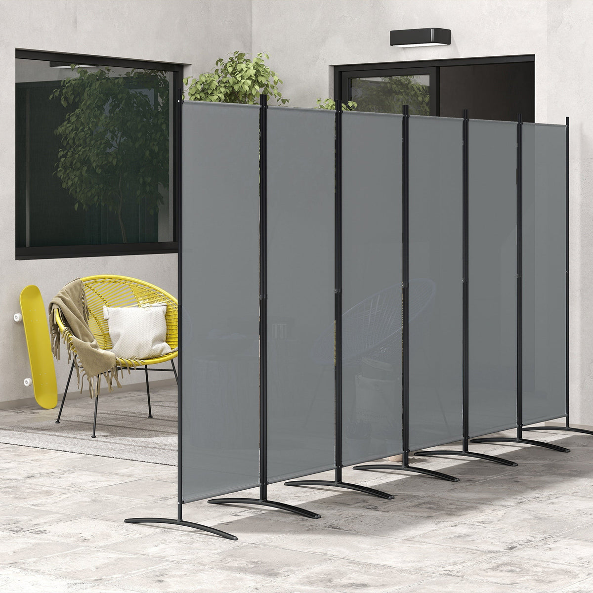 6 Panel Folding Outdoor Privacy Screen with Stable Base, 5.7FT Tall Room Divider with UV30+ Protection, Grey